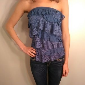 blue tube top with lace ruffles
